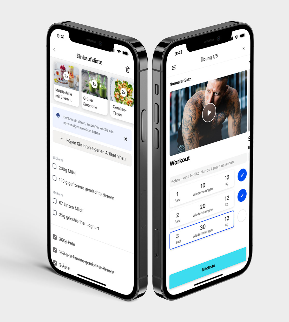 Mockup der Coaching-App mit Trainings- und Ernährungs-Features